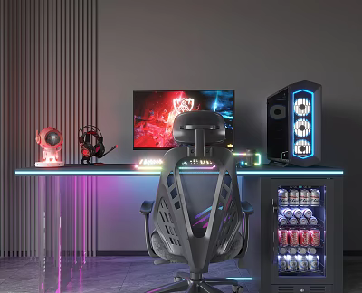 Gaming PC Setup With RGB Lighting Monitor Chair Headphones Game Screen And Drink Fridge 3d model