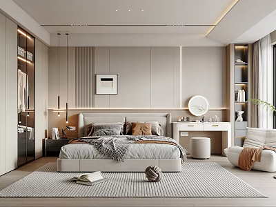 Modern Bedroom Interior Design With Large Bed Framed Art Dressing Table Mirror And Cozy Armchair 3d model