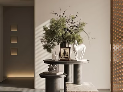 Modern Interior Floral Vase with Greenery Branches White Horse Figurine and Books on Round Table 3d model