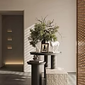 Modern Interior Floral Vase with Greenery Branches White Horse Figurine and Books on Round Table
