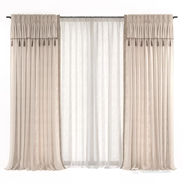 Beige Linen Curtains with White Sheer Layer and Pleated Top Design 3d model 