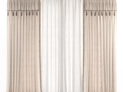 Beige Linen Curtains with White Sheer Layer and Pleated Top Design 3d model