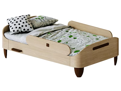 Wooden Children's Bed with Rounded Design Polka Dot Floral Pillows and Green Leaf Bedspread 3d model