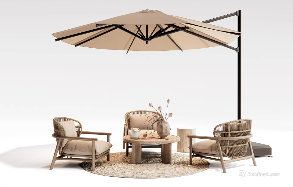 Rattan Outdoor Chairs with Side Table Flower Vase and Umbrella on Round Rug 3d model 