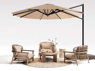 Rattan Outdoor Chairs with Side Table Flower Vase and Umbrella on Round Rug 3d model