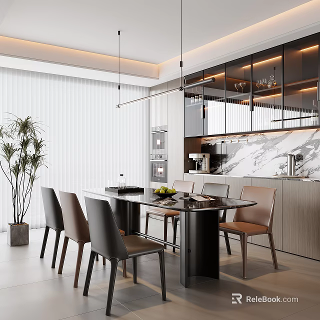 Modern Restaurant Interior Design With Dining Table Chairs Marble Counter And Hanging Lights 3d model 