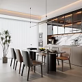 Modern Restaurant Interior Design With Dining Table Chairs Marble Counter And Hanging Lights