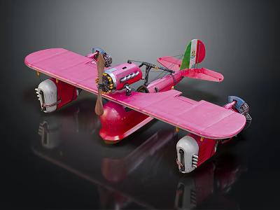 Pink Vintage Passenger Biplane Model With Metal Material And Black Background 3d model