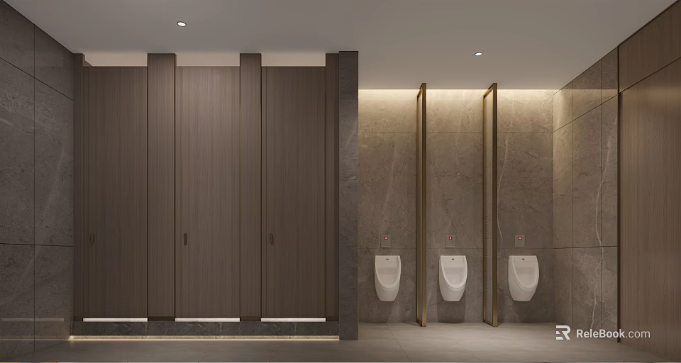 Modern Public Restroom Design With Wooden Stalls Gray Walls White Urinals And Soft Lighting 3d model 