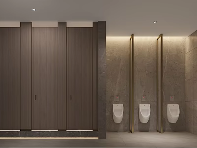 Modern Public Restroom Design With Wooden Stalls Gray Walls White Urinals And Soft Lighting 3d model