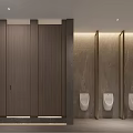 Modern Public Restroom Design With Wooden Stalls Gray Walls White Urinals And Soft Lighting