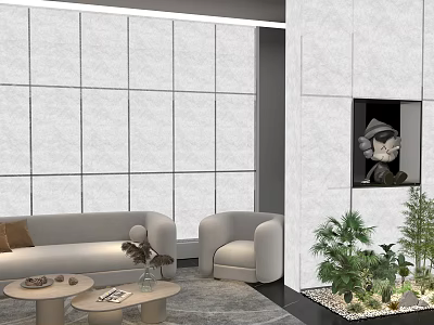 Modern Living Room Sofa And Coffee Table Set With Armchair Plants Sculpture And Rug 3d model