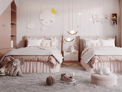 Cozy Kids Room Interior With Twin Beds Pastel Pink Decor Plush Rug And Toys 3d model