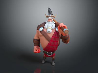 Cartoon Viking Man With Horned Headdress Holding Axe in Red Plaid Attire Standing Pose 3d model