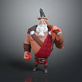 Cartoon Viking Man With Horned Headdress Holding Axe in Red Plaid Attire Standing Pose