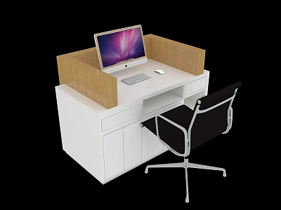 Modern White Reception Desk With Wooden Panels Cabinets Computer Monitor And Office Chair 3d model