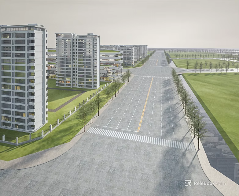 Urban Road Infrastructure With Lane Markings Zebra Crossings Trees High Rise Buildings And Green Lawns 3d model 