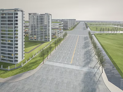 Urban Road Infrastructure With Lane Markings Zebra Crossings Trees High Rise Buildings And Green Lawns 3d model