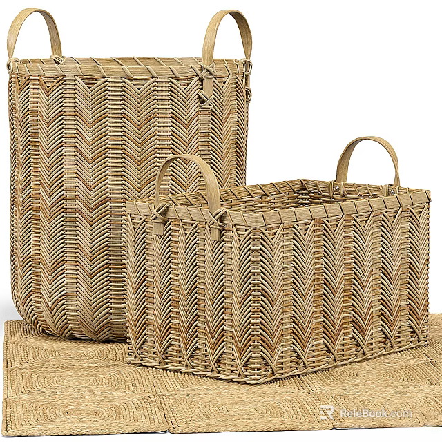 Natural Handwoven Herringbone Storage Baskets With Handles Various Sizes For Home Organizing And Decor 3d model 