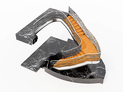 Elegant Modern Curved Staircase Interior Design With Black Marble And Orange Steps 3d model