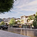 Modern Urban Neighborhood With High Rise Buildings Tree Lined Streets Vehicles And Pedestrians