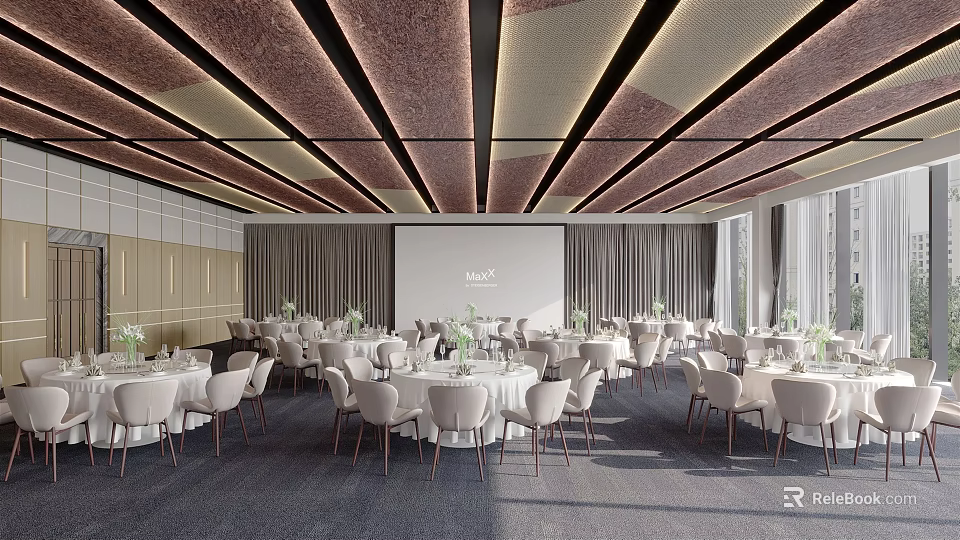 Elegant Banquet Hall Interior With Round Tables White Tablecloths And Modern Ceiling Design 3d model 