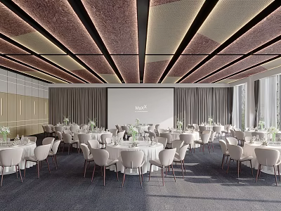 Elegant Banquet Hall Interior With Round Tables White Tablecloths And Modern Ceiling Design 3d model