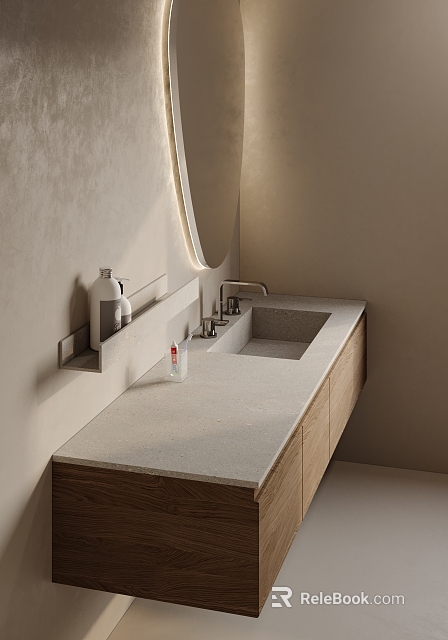Modern Bathroom Vanity With Wooden Cabinets Round Mirror Quartz Countertop and Soap Dispenser 3d model 