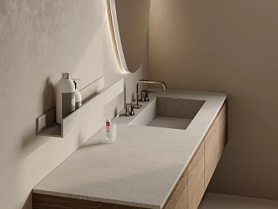 Modern Bathroom Vanity With Wooden Cabinets Round Mirror Quartz Countertop and Soap Dispenser 3d model