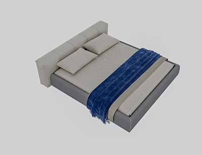 Modern Double Bed Design With Upholstered Headboard Light Gray Mattress And Blue Throw Blanket 3d model