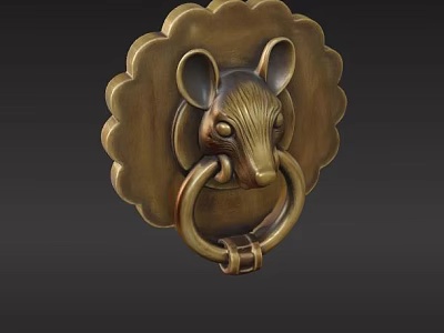 Brass Door Knocker Featuring Mouse Head Design And Scalloped Edge 3d model