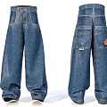 Baggy High Waisted Denim Jeans With Front Back View And Logo Pockets