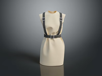 Fashionable Beige Dress With Black Straps And Belt On Mannequin 3d model