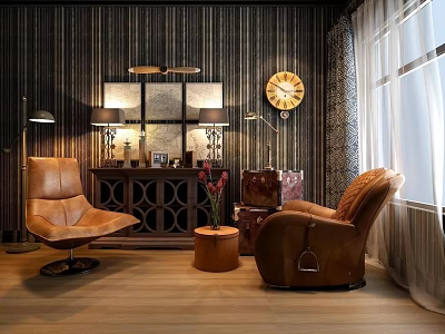 Vintage Brown Leather Single Sofa in Living Room with Wooden Floor Decorative Painting Floor Lamp 3d model