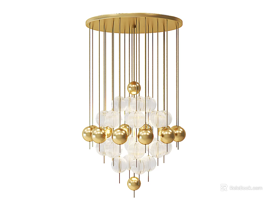 Golden Hanging Chandelier With Metal Frame And Crystal Glass Orbs Modern Design 3d model 