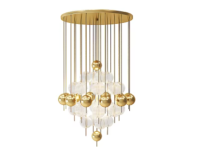 Golden Hanging Chandelier With Metal Frame And Crystal Glass Orbs Modern Design 3d model
