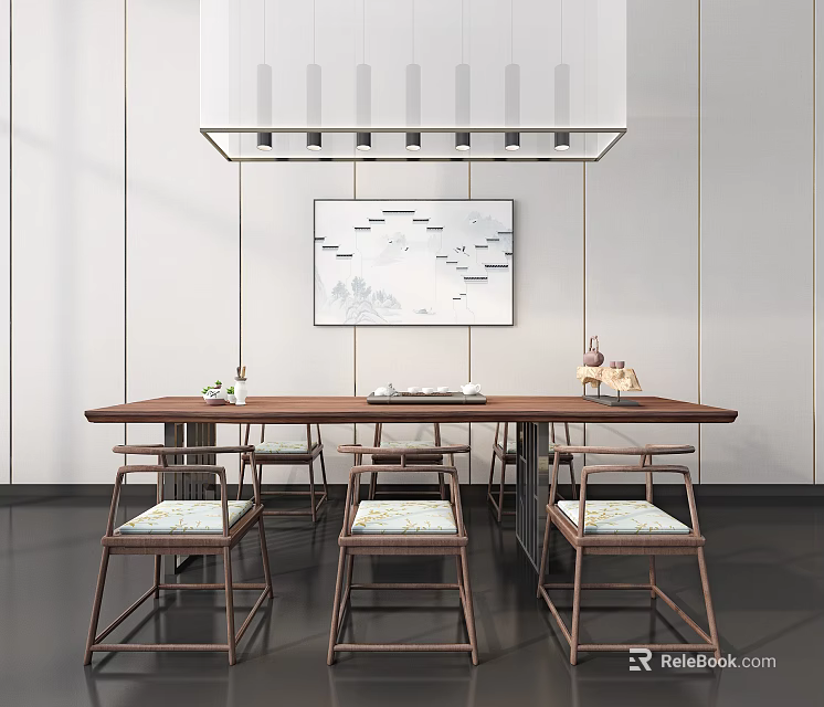 Traditional Chinese Style Solid Wood Tea Table And Chairs With Cushioned Seats And Tea Sets 3d model 