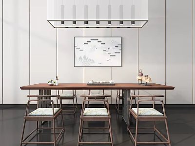 Traditional Chinese Style Solid Wood Tea Table And Chairs With Cushioned Seats And Tea Sets 3d model