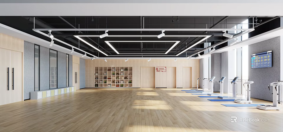 Modern Fitness Gym Space With Spacious Area Wooden Floor And Training Equipment 3d model 