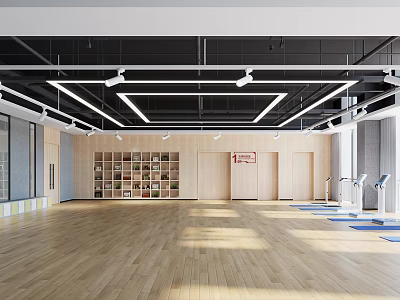Modern Fitness Gym Space With Spacious Area Wooden Floor And Training Equipment 3d model