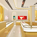 Elegant Modern Long Feng Jewelry Store Interior With Golden Display Cases And Counter