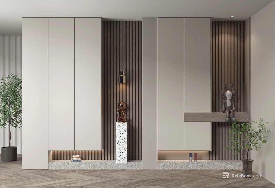 Modern Shoe Cabinet Design With Sleek Light-colored Doors Wooden Texture Walls And Decorative Figurines 3d model 
