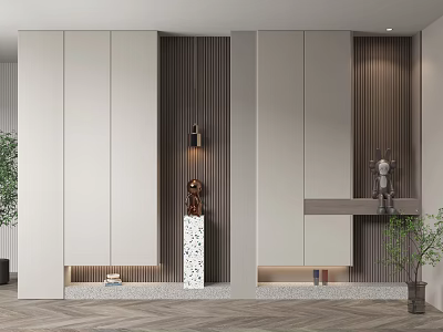 Modern Shoe Cabinet Design With Sleek Light-colored Doors Wooden Texture Walls And Decorative Figurines 3d model