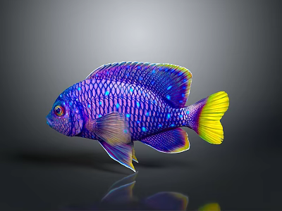 Vibrant Purple Tropical Fish With Blue Spots And Yellow Tail In Aquatic Environment 3d model