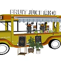 Vibrant Yellow Fruit Juice Truck Shop with Menu Board and Plants