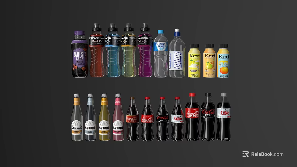 Various Types of Assorted Beverage Bottles With Different Flavors And Colors 3d model 