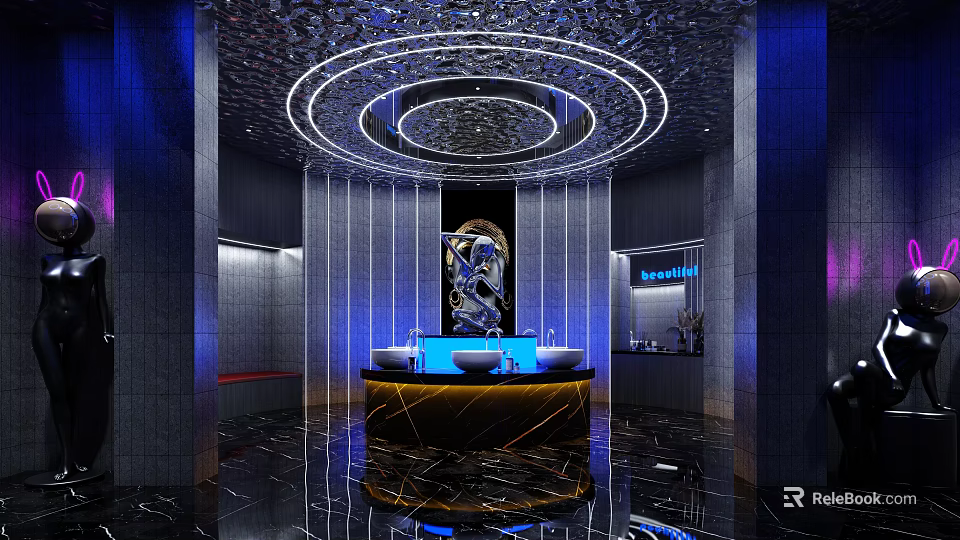 Modern Public Restroom Interior With Ceiling Ring Lights Marble Counter And Washbasins 3d model