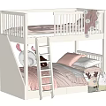 White Kids Bunk Bed With Pink Bedding Ladder And Stuffed Animal Toys