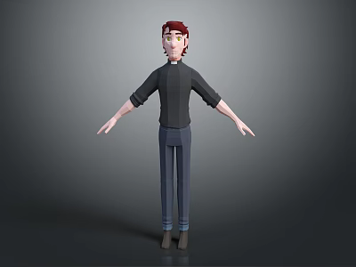 3D Model Character Red Hair Black Shirt Rolled Sleeves Blue Pants Arms Outstretched Gray Background 3d model
