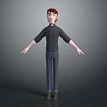 3D Model Character Red Hair Black Shirt Rolled Sleeves Blue Pants Arms Outstretched Gray Background